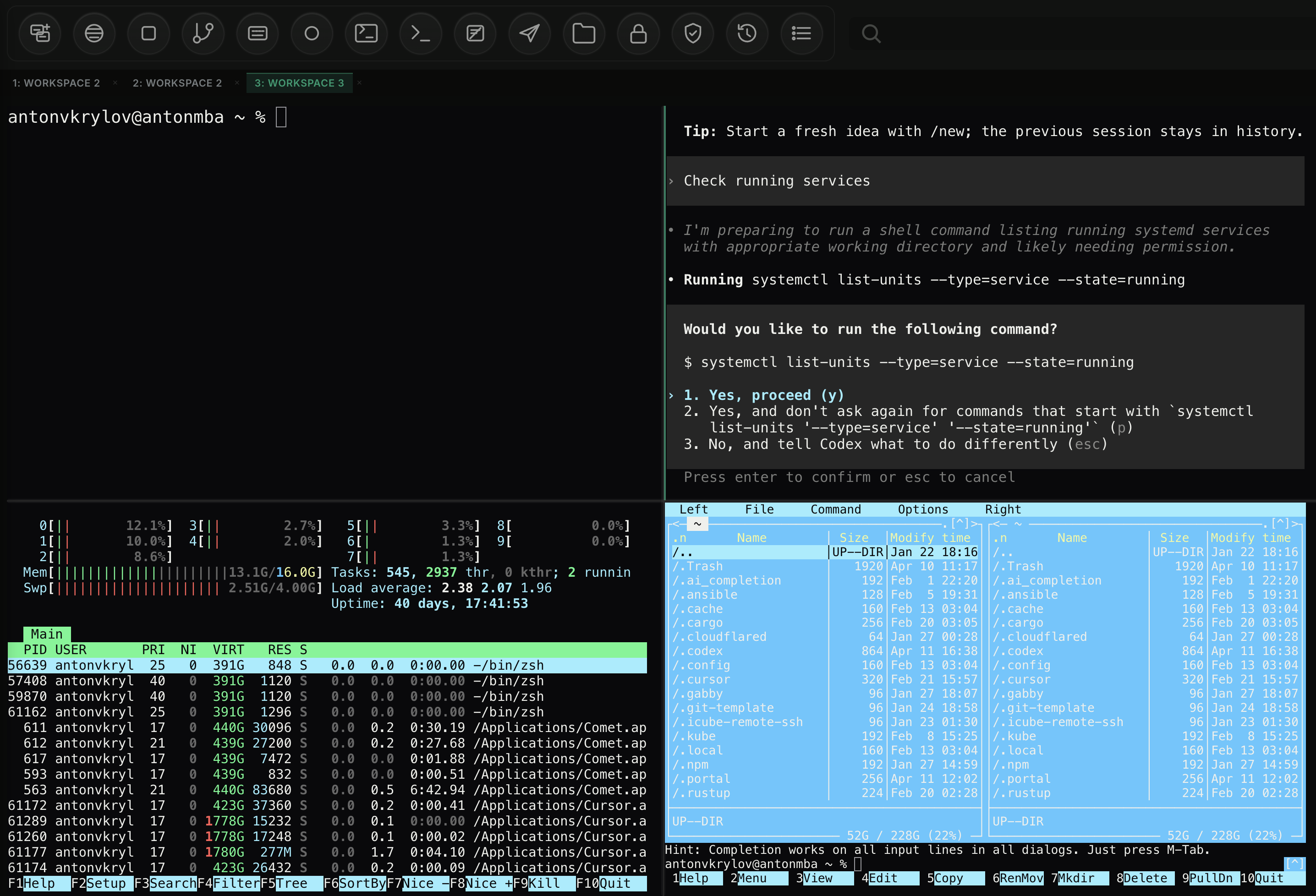 Browser AI workspace with split panes, terminal, and assistant context panel.