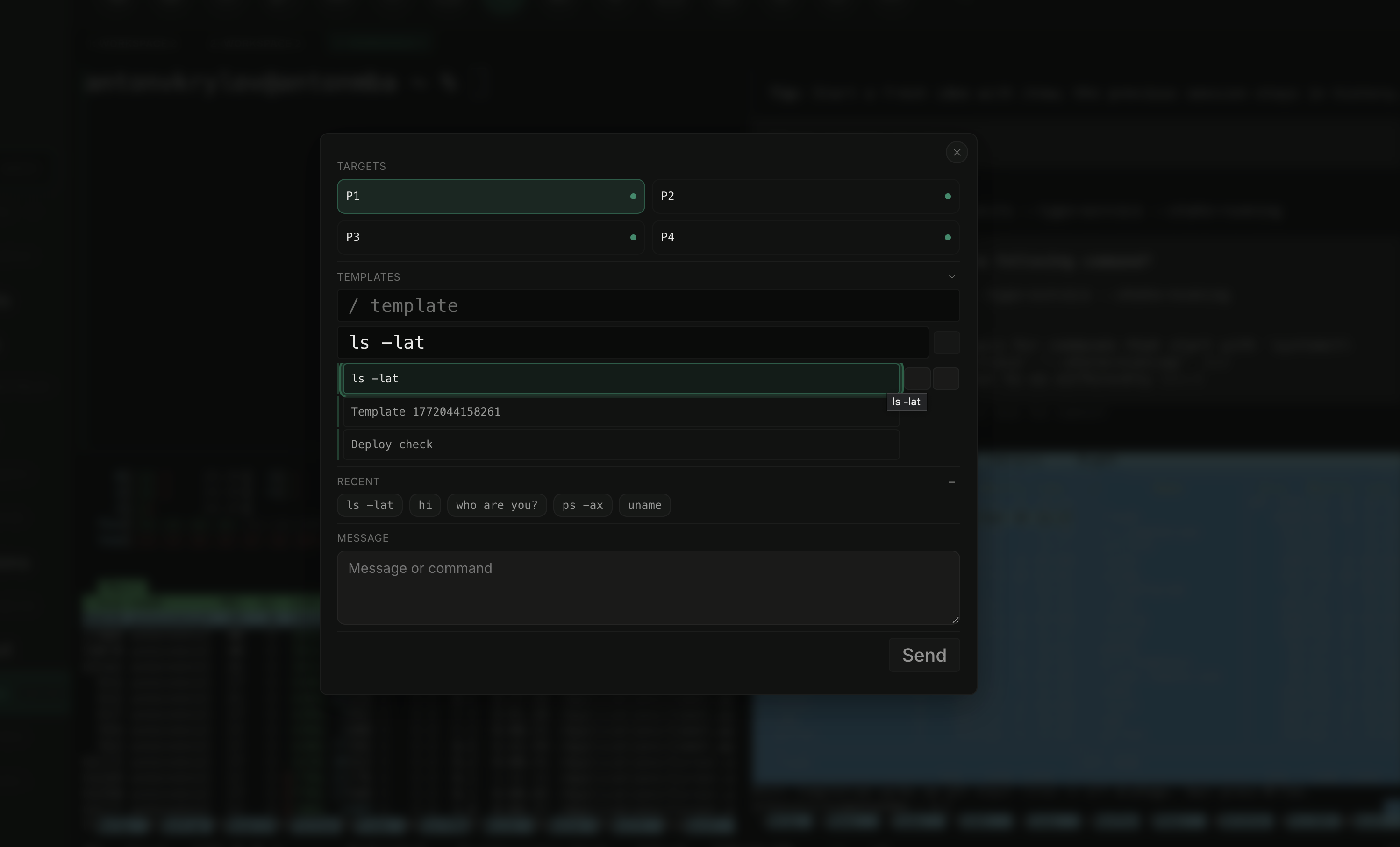 Collaboration overlay with targets, templates, recent actions, and shared command entry.