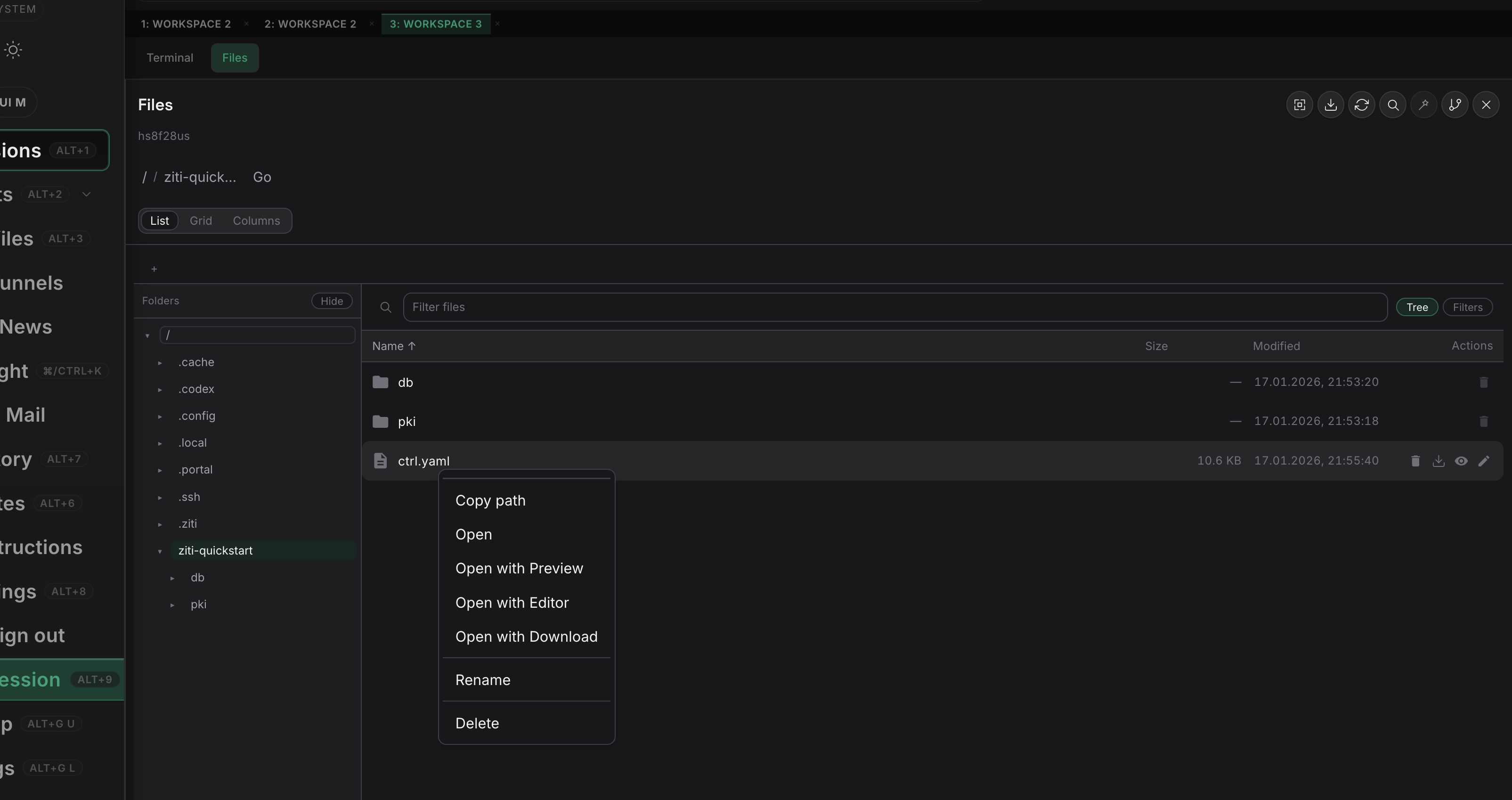 File explorer view with folders, filters, and file actions inside the browser workspace.