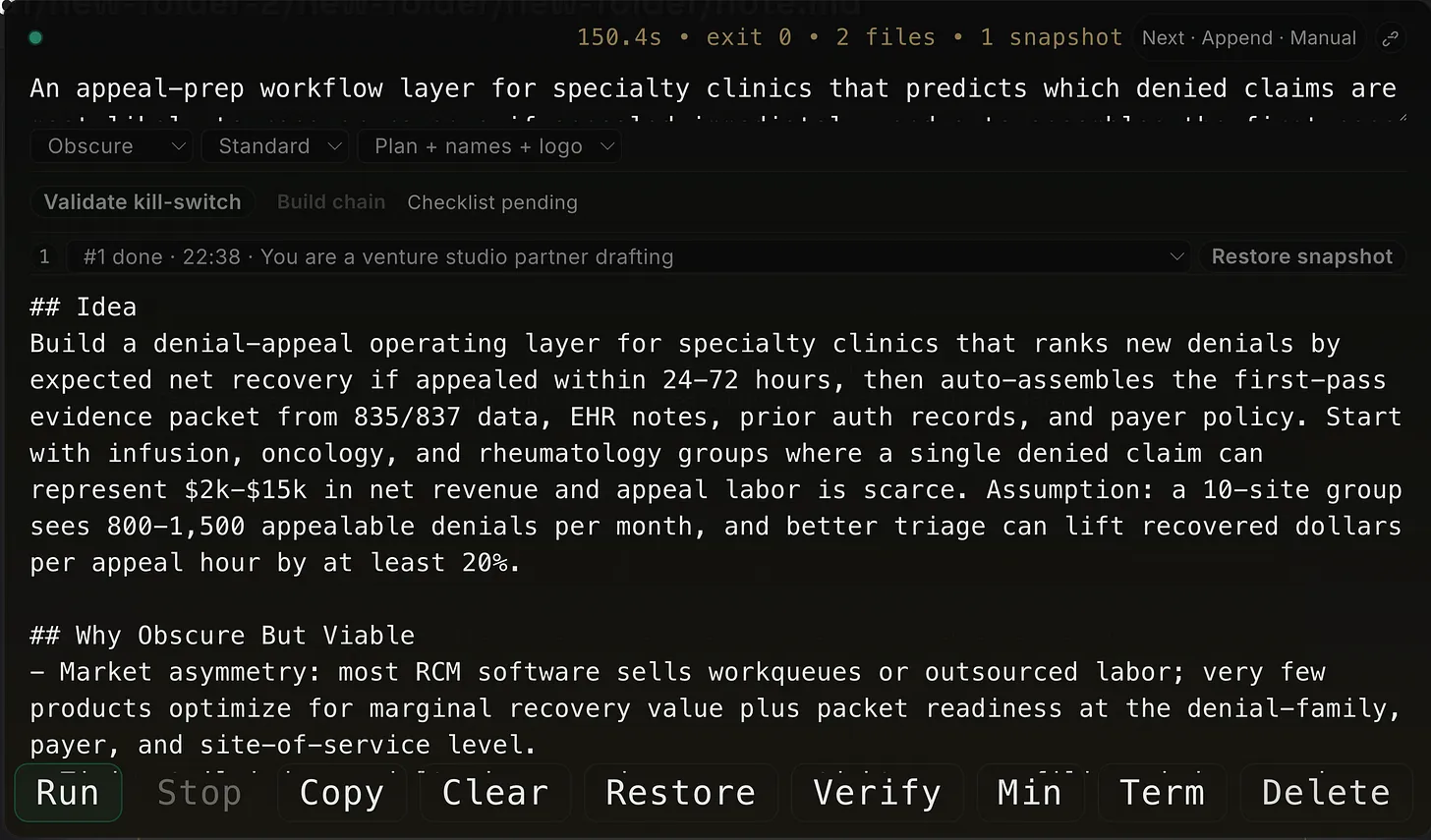 Idea cell showing a structured startup thesis with controls, validation, and snapshot history.