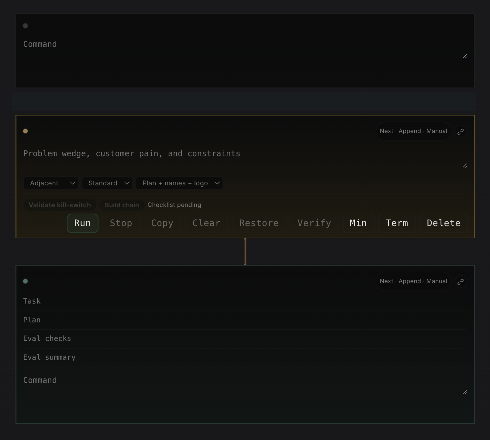 Notes view showing linked text, prompt, terminal, reference, and agent cells in one notebook surface.